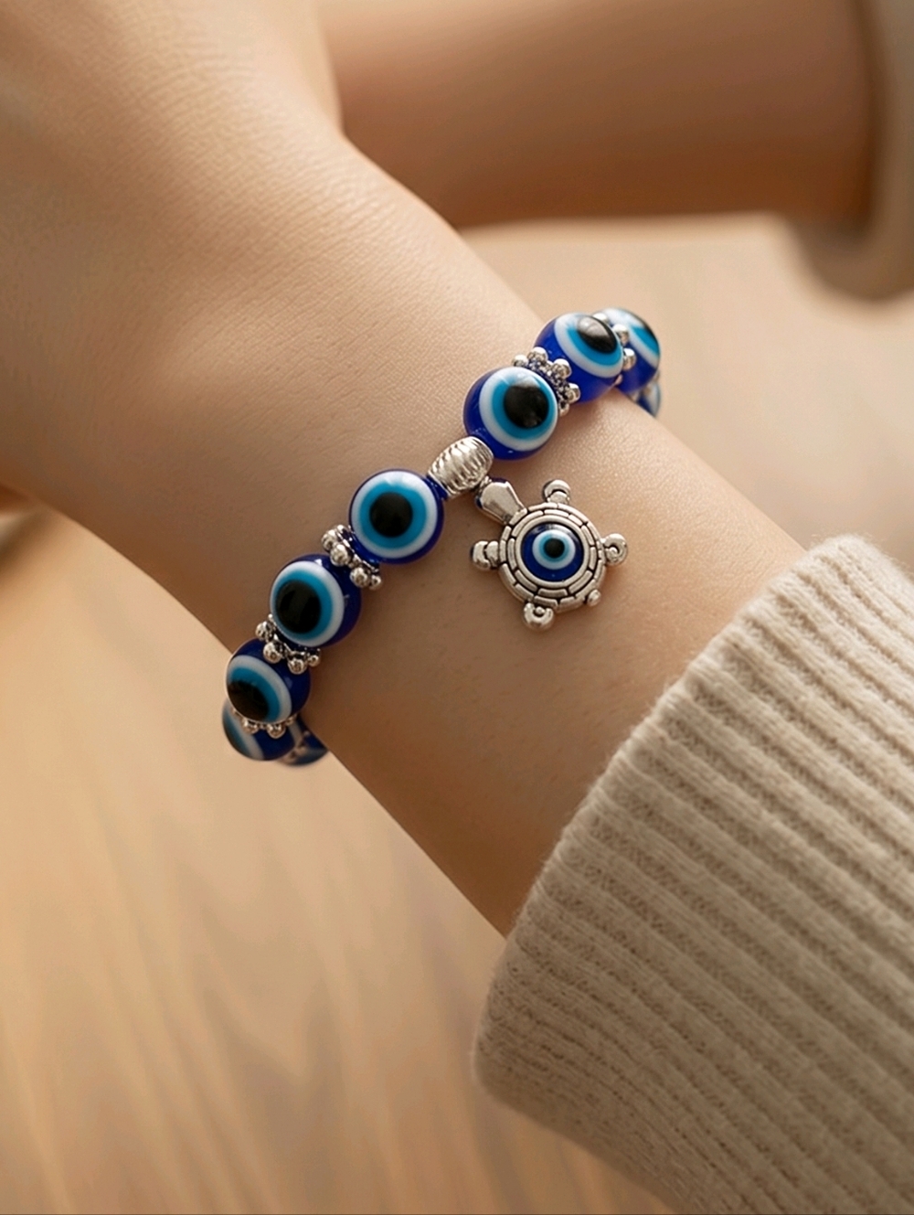 Blue Turtle Bracelet Evil Eye Beaded Stretch Sea Turtle Protection Jewelry
